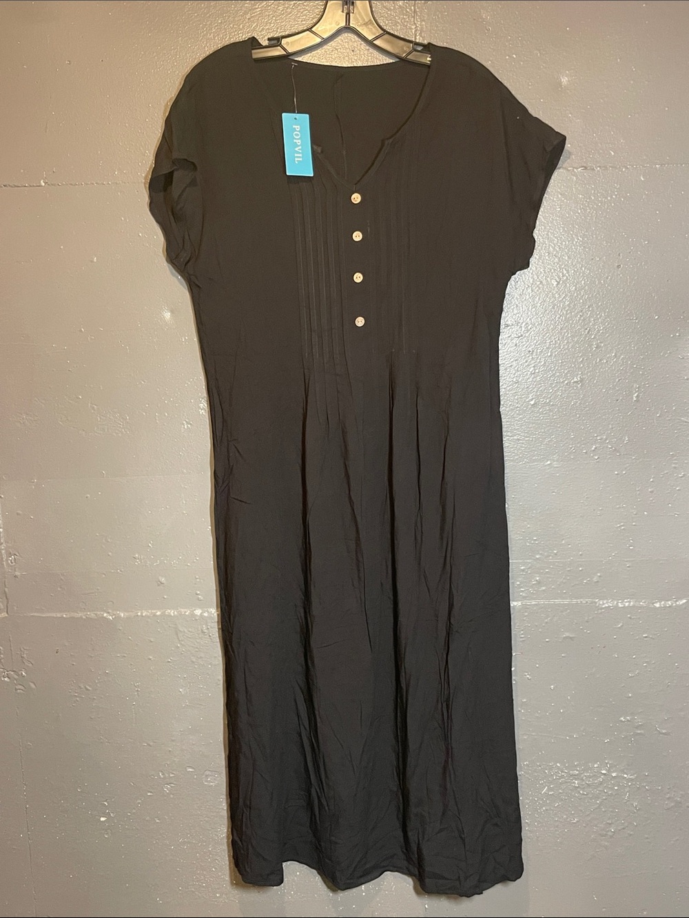Popvil Black Short-Sleeve Button Midi Dress